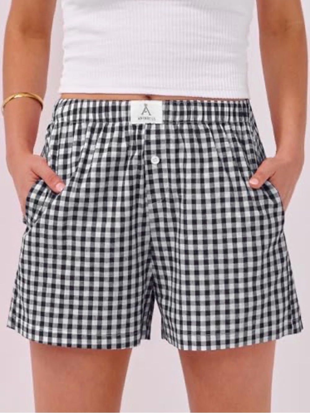 Gingham Black & White Elastic-Waist Bermudas